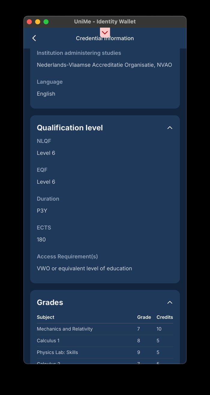 Detailweergave credential UniMe-wallet