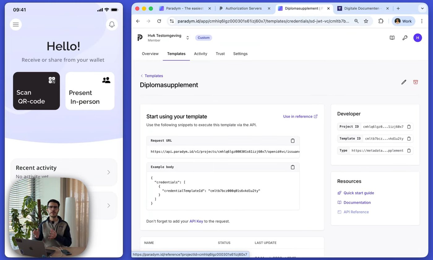 Still uit demovideo: Paradym-wallet en Animo-developerportaal