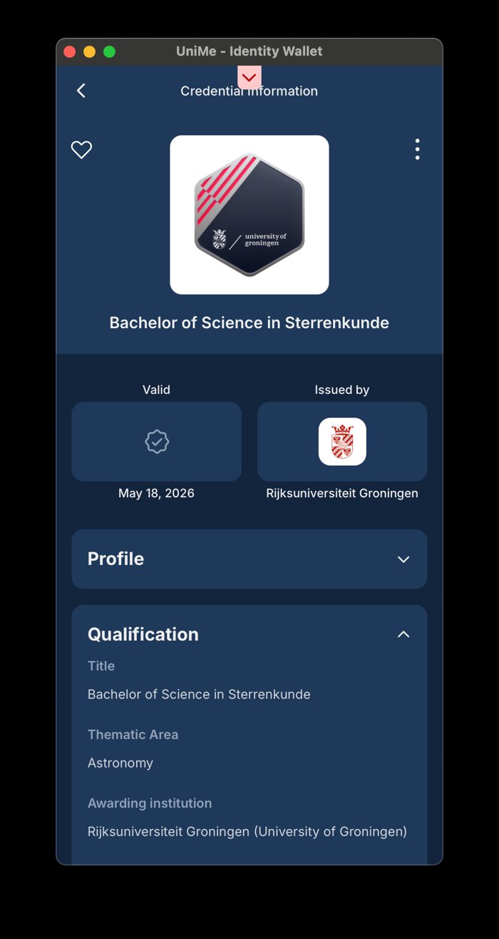 Voorbeeldcredential in de UniMe-wallet